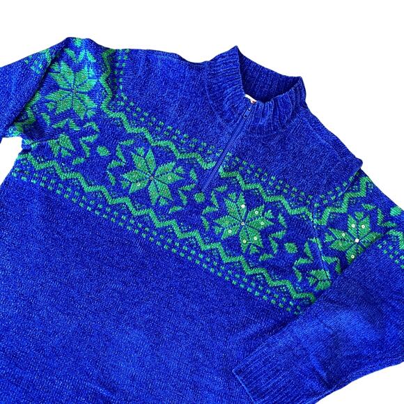 Quacker Factory Women's Blue 1/4 Zip Snowflake Pullover Sweater 1X - Picture 1 of 11